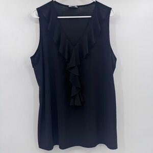 Elan Grace Top Women 1X Black Sleeveless Ruffle V Neck Stretch Office Evening